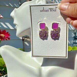 Urban soul earrings gold tone pink purple square studs diamonds paved drops
